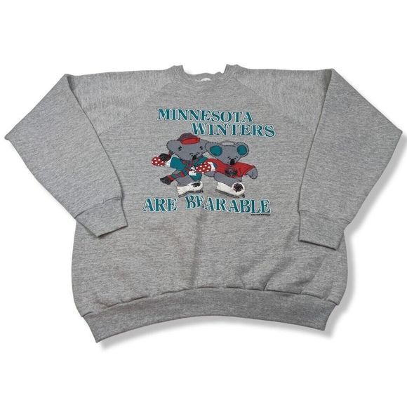 Vintage 90s "Minnesota Winters Are Bearable"‎ Gray Sweatshirt Cute Koala Bears - Picture 1 of 9